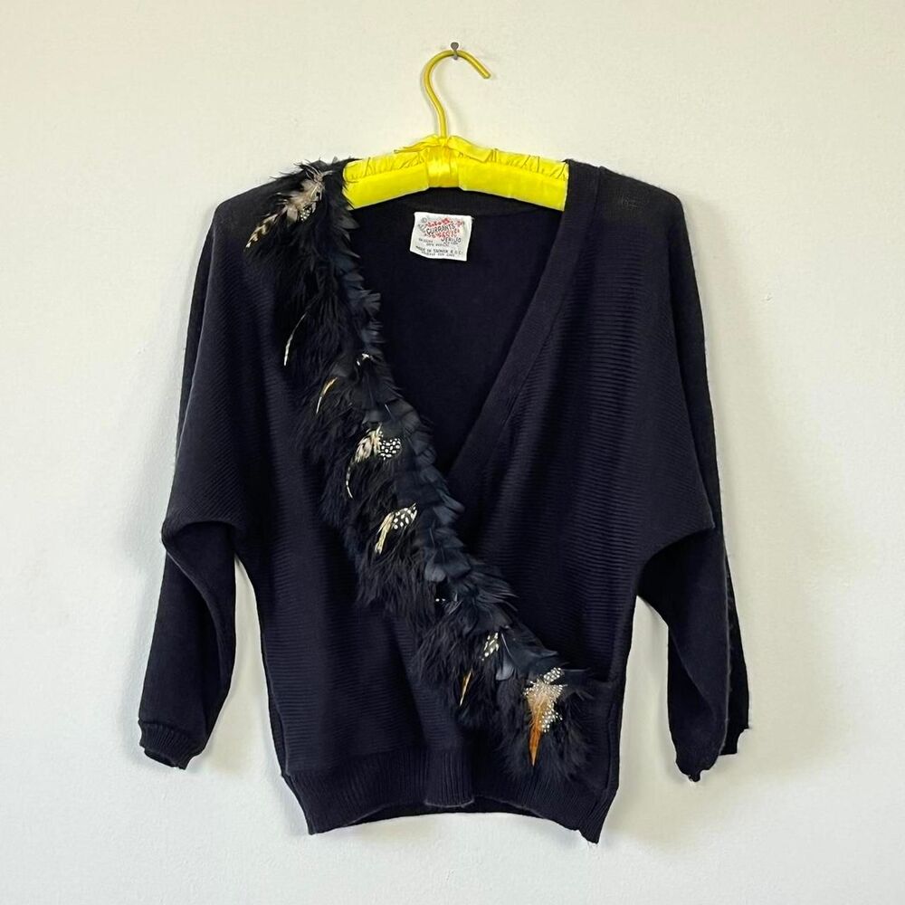 80s Vintage Feather Trim Black Wrap Sweater Dolman Sleeve Large